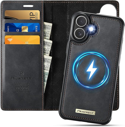 PlusnapX Wallet Case for iPhone 17 Compatible with Magsafe, 2-in-1 PU Leather Flip RFID Blocking Card Holder Stand Shockproof Magnetic Detachable Cover for iPhone 17 Case 6.3", Black