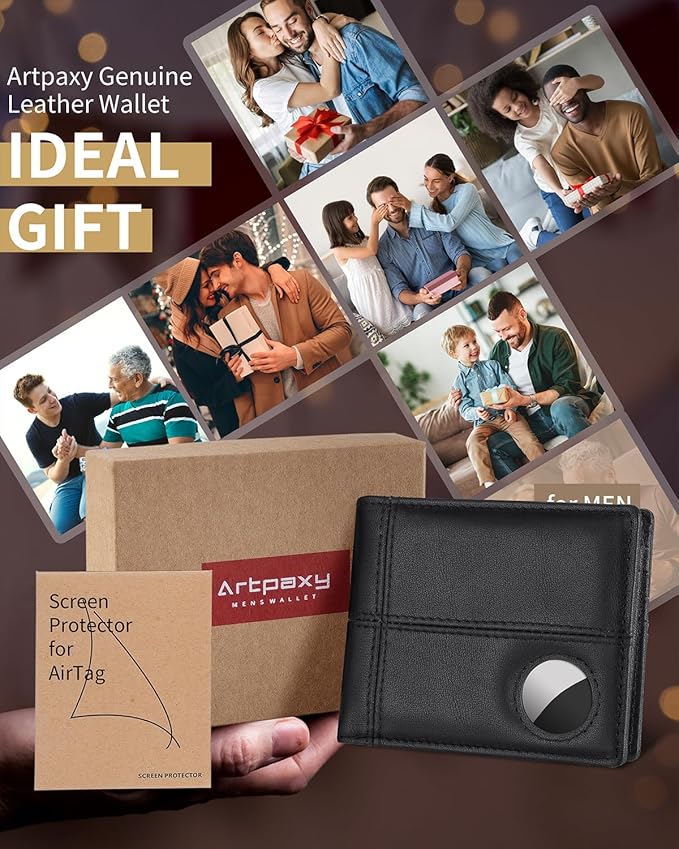 Mens Wallet With AirTag Holder, Bifold Leather RFID Blocking 1-2 ID Windows 12-13 Card Holders, Gift Box and Screen Protector Included, AirTag Not Included
