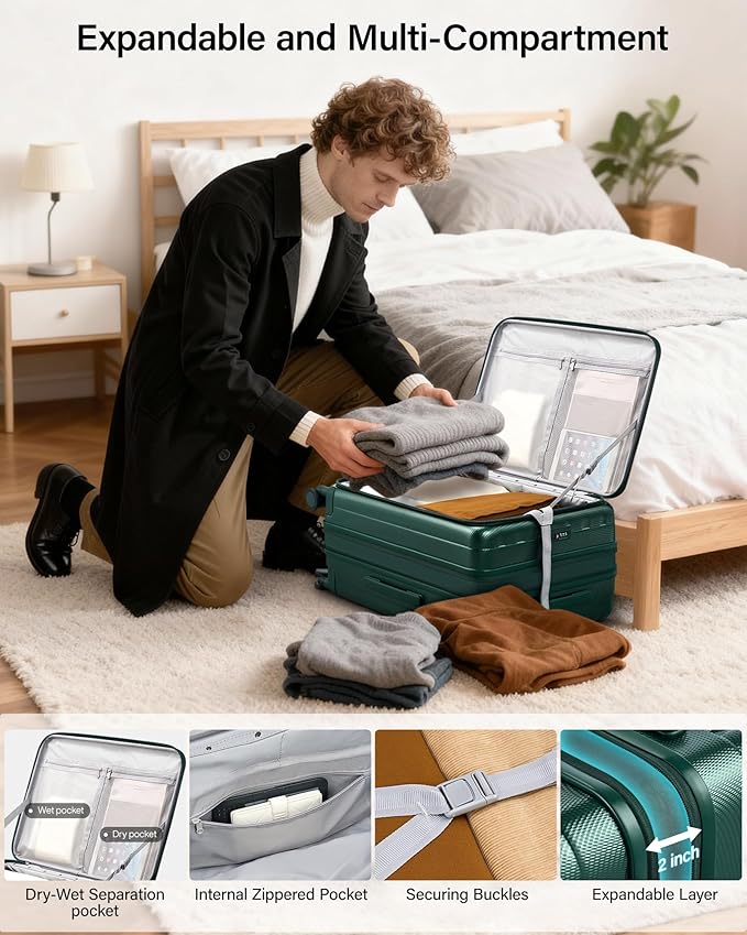Hanke 26 Inch Expandable Luggage Top Opening Checked Bag Luggage Hard Shell Suitcases with Wheels Lightweight Travel Luggage Heavy Duty Luggage Suitcase with Lock for Woman Men-Blackish Green