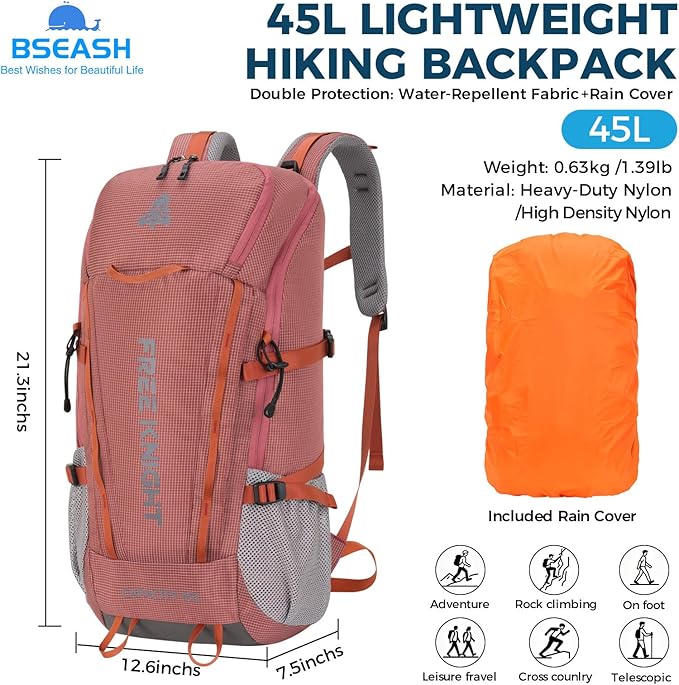 Bseash 45L Waterproof Hiking Camping Backpack with Rain Cover, Outdoor Sport Travel Bag Daypack for Climbing Skiing Cycling (Pink)