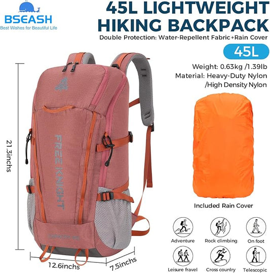 Bseash 45L Waterproof Hiking Camping Backpack with Rain Cover, Outdoor Sport Travel Bag Daypack for Climbing Skiing Cycling (Pink)