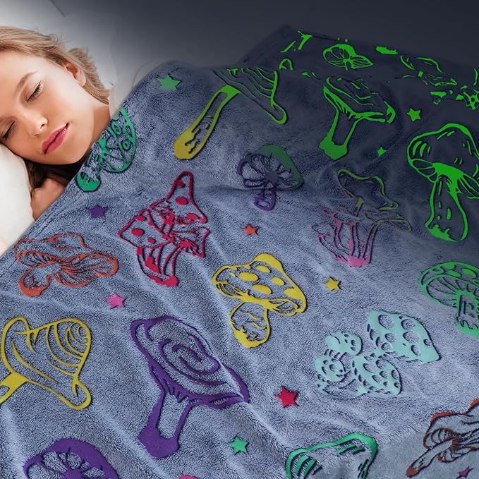 Glow in The Dark Mushroom Blanket for Adults - Soft Fleece Plush Mushrooms Throw Blanket for Bed Couch, Cottagecore Home Decor Cute Stuff Mushroom Gifts for Women 80"x60"