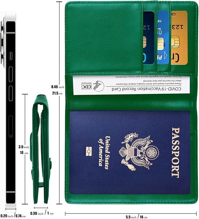 Passport Holder and Vaccine Card Holder Combo with Passport Cover Wallet Travel Passport Wallet Case for Men and Women (Green)