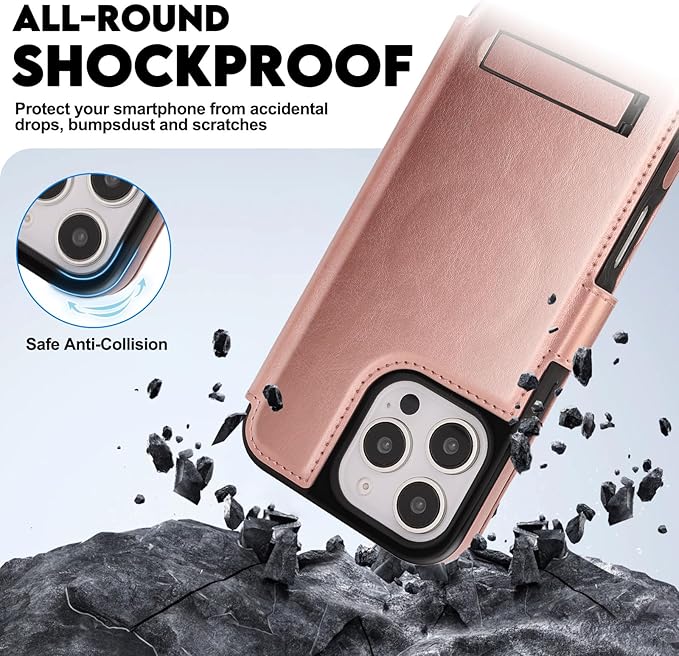 CIVICASE for iPhone 16 Pro Max Wallet Case with Stand,PU Leather Flip Credit Card Holder Slots (RFID Blocking),Compatible with Magsafe Magnetic Holder Phone Cover Women Men,Rose Gold