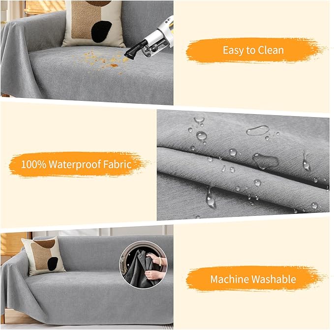 Deep Dream Cat-Scratch Resistant Couch Cover, Waterproof Sofa Cover for 3 Cushion Couch Washable, Pet Friendly Couch Protectors Anti Slip Thickened Sofa Slipcovers for Dogs Pets,91" x 134",Light Grey