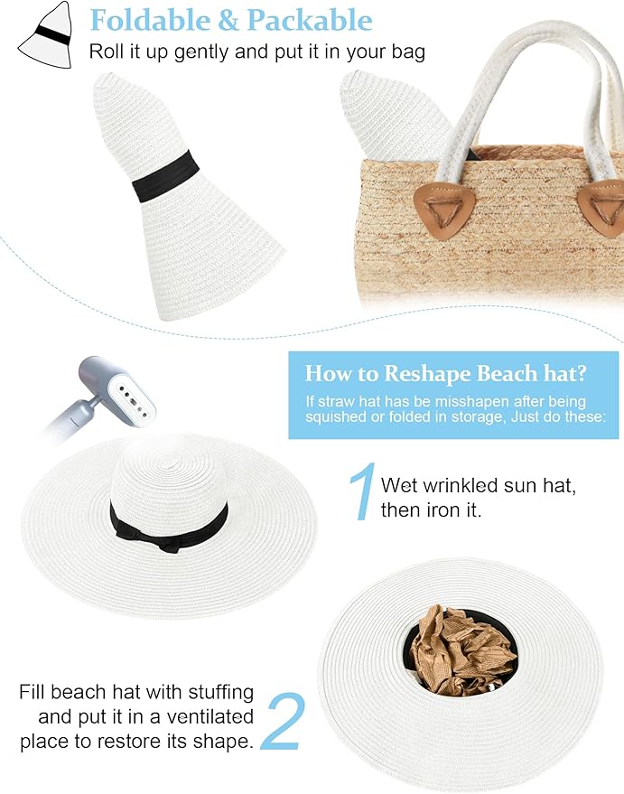 Senker Fashion Sun Hats for Women Oversize Wide Brim Straw Beach Hat Floppy Foldable Roll-Up Summer Vacation UPF 50+