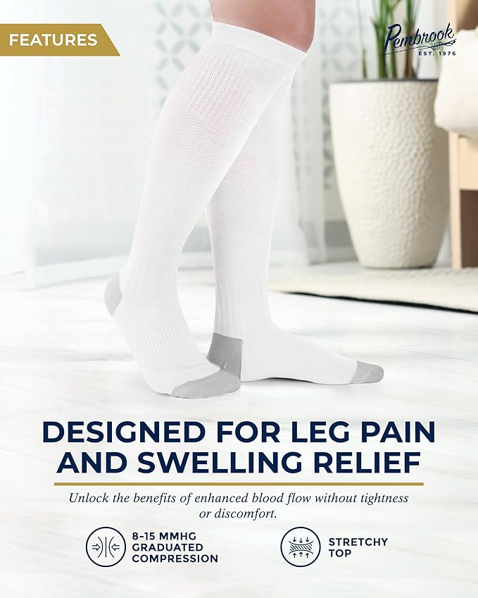 Pembrook Bamboo Viscose Light Compression Socks - 3 Pairs | 8-15 mmhg Compression Socks | Knee High Comfort Support Socks