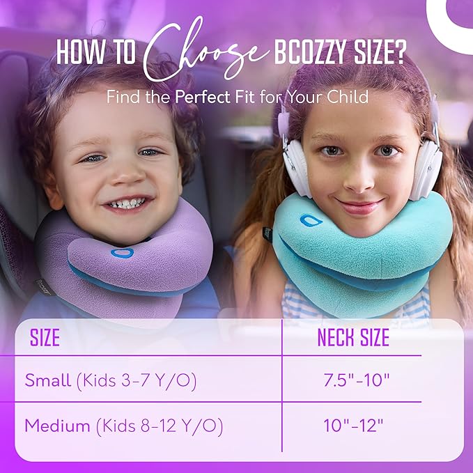 BCOZZY Kids Travel Neck Pillow (8-12 Y/O) – Patented Soft Child Pillow for Head & Chin Support in Car, Airplane, and Road Trip Sleeping. Adjustable Size. Carry Bag. Fully Washable. Medium, Light Blue