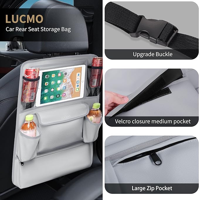 LUCMO Car Backseat Organizer with Touch Screen Tablet Holder,9 Storage Pockets Car Storage Organizer,Protectors Kick Mats Travel Accessories for Kids-Grey
