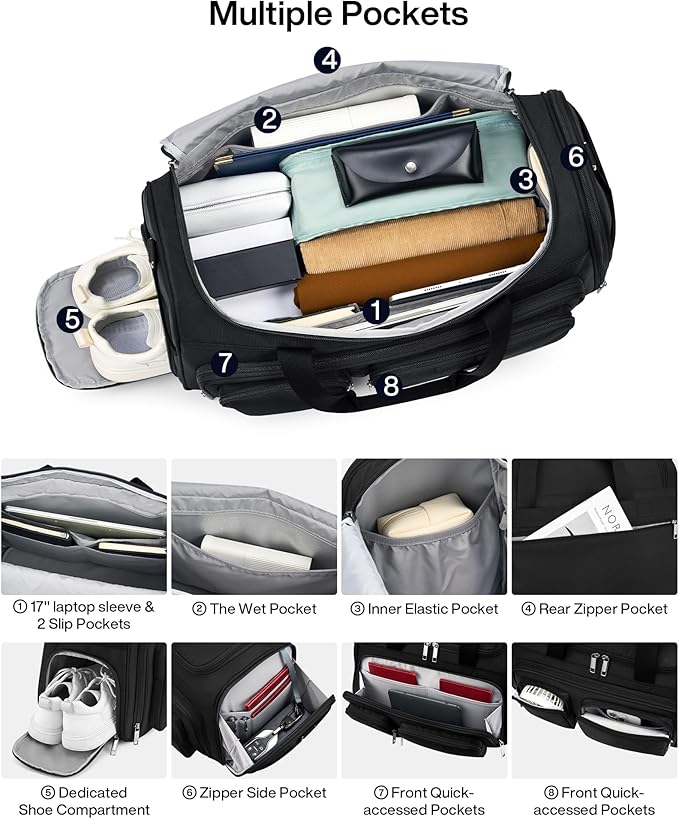 MILADA Carry On Luggage Bags for Travel Large Foldable Duffle Bag for Travel Lightweight Personal Bags for Airplanes Weekend Overnight Bags for Women Mens Travel Bag, Black