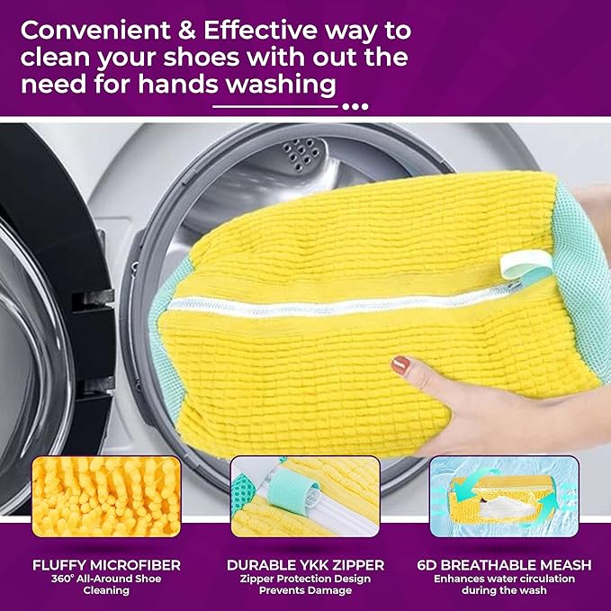 Shoe Washing Machine Bag - 2pc Reusable Laundry Shoe Bags for Washer & Dryer with 1pc Drying Net Bag, Protective Mesh for Sneaker
