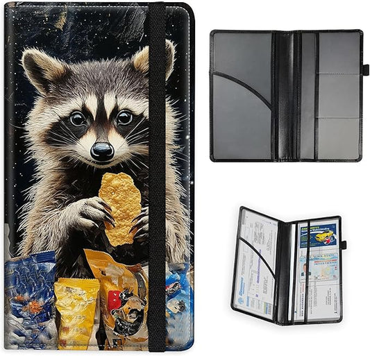 Car Registration and Insurance Holder PU Leather Vehicle Insurance and Registration Holders Wallet Case with Elastic Band Closure for ID Card, Driving Licence, Raccoon Snack Time