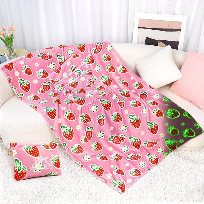 Strawberry Blanket and Pillow Set - Glow in The Dark Kids Travel Blanket Airplane Compact, Soft Fuzzy Pink Fruit Fleece Throws for Car, Plane, Traveling - Cute Strawberry Gifts for Girls 40"x60"