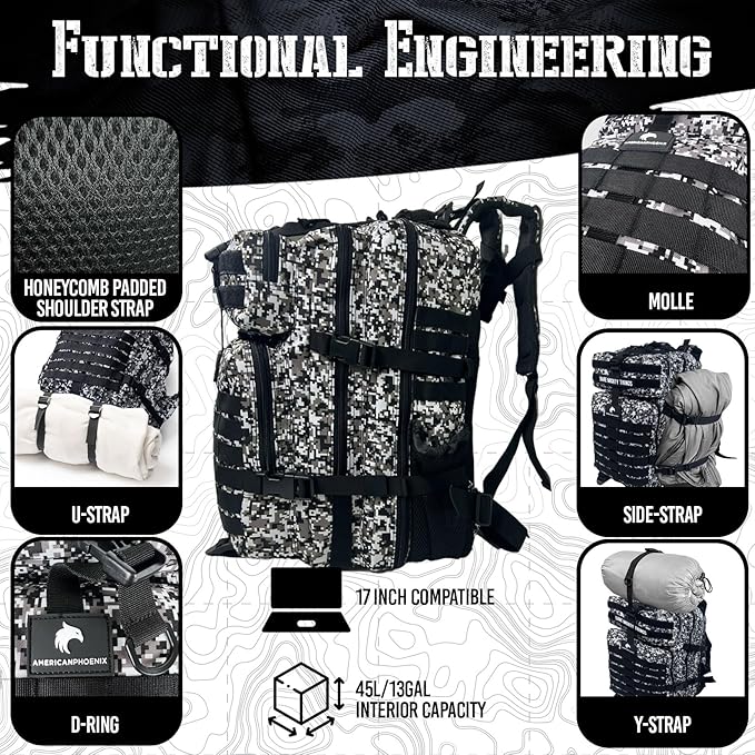 AMERICANPHOENIX 45L Elite Tactical Backpack | 3X Stronger Work & Military Backpack | Water Resistant and Heavy Duty | 3 Day MOLLE Bug Out Bag (Snow Leopard)