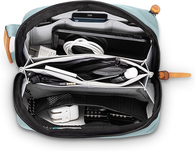 Tech Bag Organizer - Small Electronics Organizer Pouch for Travel - Premium Travel Case with Leather Accents - Mesh Pocket for Cables, Cords and Chargers (Dusty Teal)