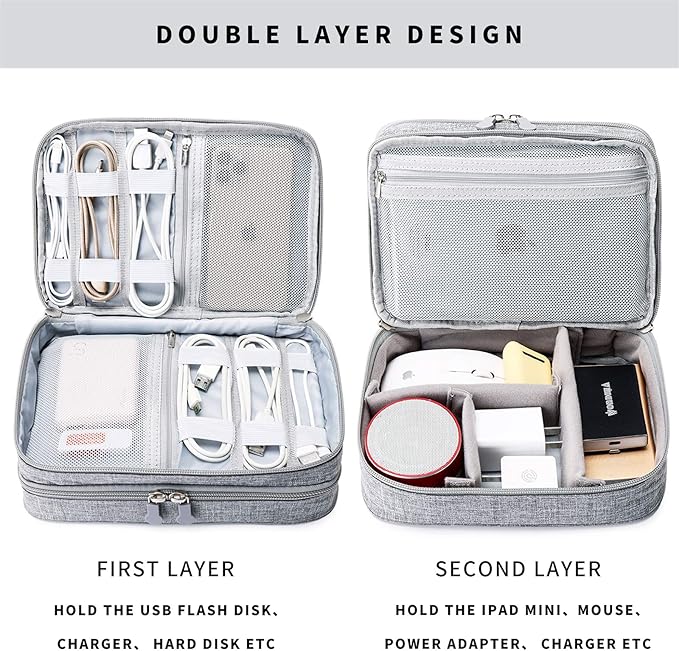 mygreen Electronics Organizer, Electronic Accessories Double Layer Travel Cable Organizer Cord Storage Bag for Cables, Power Bank, USB Flash Drive and More Gray