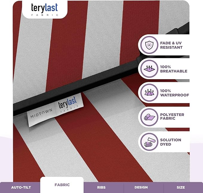 MIDTOWN UMBRELLAS The Lean 6 Feet Outdoor Umbrella With Terylast Red Stripes (Red/White Stripes) Polyester Fabric - 8 Ribs Aluminum Frame Patio Umbrella With Zinc Alloy Crank Lift And Auto-Tilt System