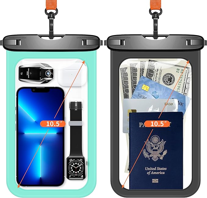 Lanhiem Large Waterproof Phone Pouch [Up to 10.5"] Universal IPX8 Waterproof Dry Bag with Lanyard for iPhone 16 Pro Max /15/14, S24 Ultra/ S23/ S22 Plus/ S23 FE, Moto G/Pixel 9 8 Pro, Black+Green