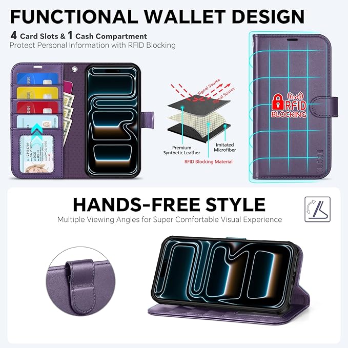 TUCCH 2-in-1 Removable Wallet Case for iPhone 17 Pro (6.3-inch) 2025, Wireless Charging | RFID Blocking 4 Card Holders | Wrist Strap | Kickstand | Magnetic | PU Leather Protective Cover | Deep Purple
