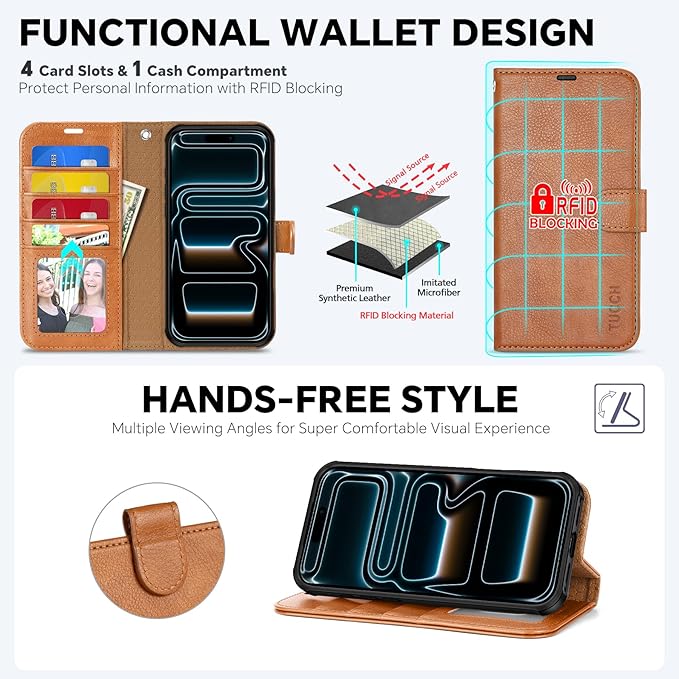 TUCCH Compatible with iPhone 17 Pro Max Detachable Wallet Case with 4 Card Holder, Wireless Charging PU Leather Flip Folio with RFID Blocking Stand Wrist Strap Shockproof Cover, Textured Light Brown