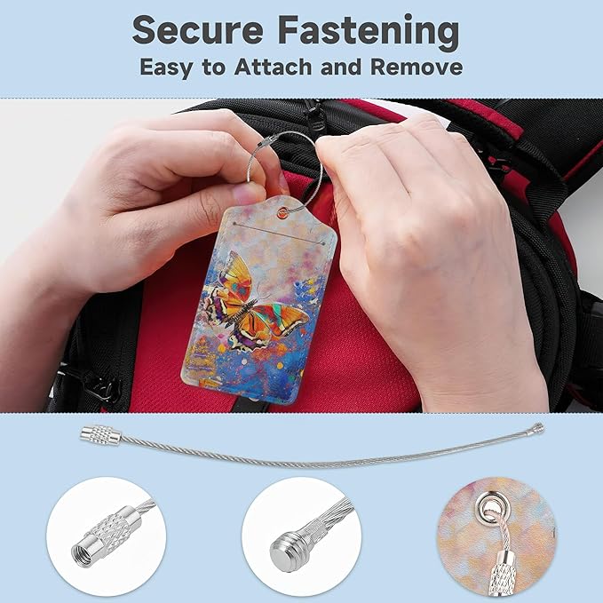2 Pack Luggage Tag for Suitcase, Abstract Colorful Butterfly Leather Bag Tags Identifiers Privacy Cover ID Label with Durable Steel Loop for Women Men Kids Girls Travel