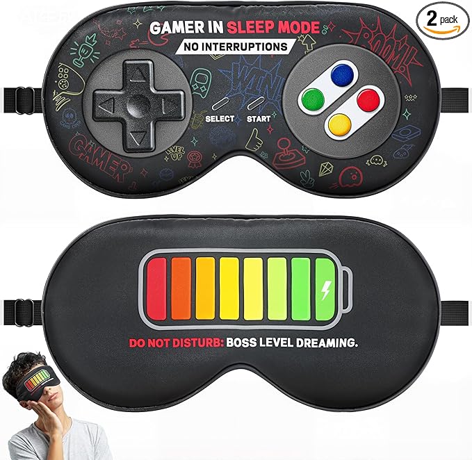 BeeVines 100% Real Mulberry Silk Sleep Mask 2 Pack, Original Design Game Themed Pure Silk Blackout Eye Cover for Adults & Teens, Adjustable Strap, Skin-Friendly Eye Mask, Reduce Puffy Eyes, for Travel