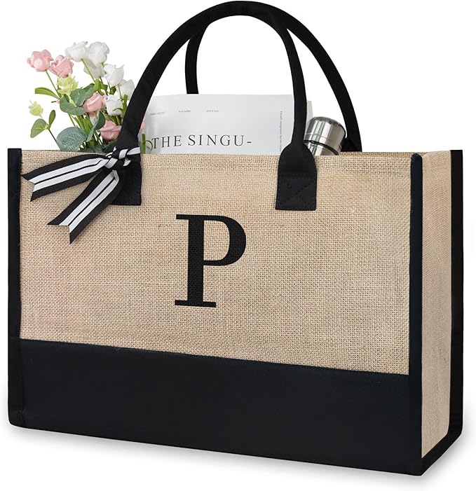 TOPDesign Personalized Initial Canvas Beach Bag, Monogrammed Gift Tote Bag for Women