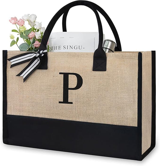 TOPDesign Personalized Initial Canvas Beach Bag, Monogrammed Gift Tote Bag for Women