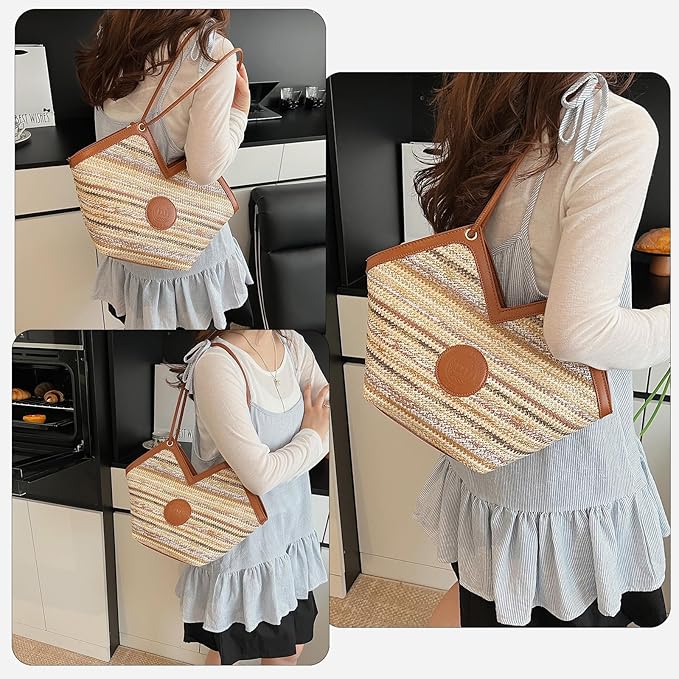 ZOCILOR Women's Straw Shoulder Tote Bag with PU Leather Trim, Large Woven Beach Handbag, Lightweight Casual Summer Purse