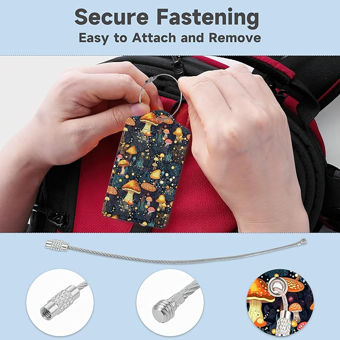 Retro Mushrooms Luggage Tags, 2 Pack Travel Cruise Tags for Suitcases,Cute Identifiers with Privacy Flap, Baggage Tags for Women Men Handbag