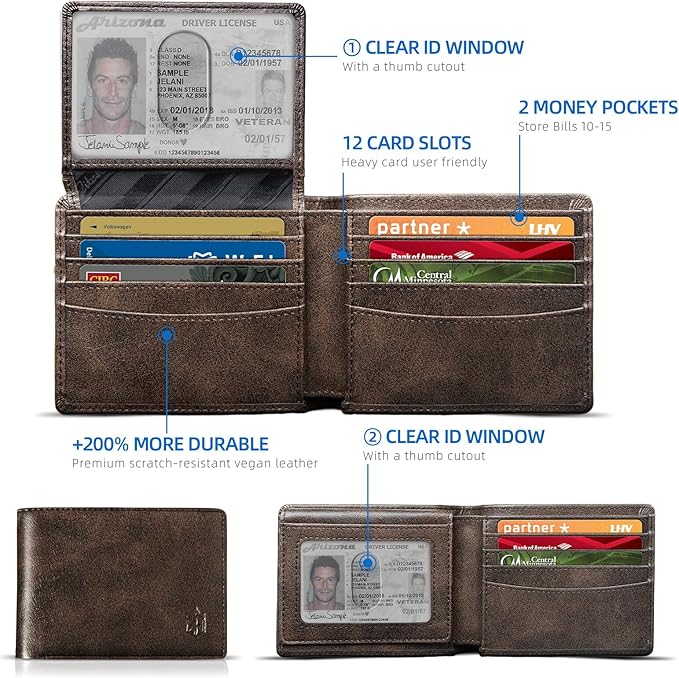 Zitahli Wallet for Men 12 Card Holder Slim Rfid Leather 2 ID Window Wallets With Gift Box Men's Accessories