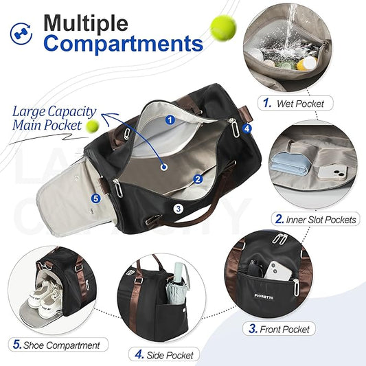 FIORETTO Womens Gym Tote Duffle Bag with Wet Pocket & Shoe Compartment, Sports Duffel Overnight Weekender Hospital Workout Carry on Bag for Girls, Ideal for Travel, Swimming, Dance, Ballet Black