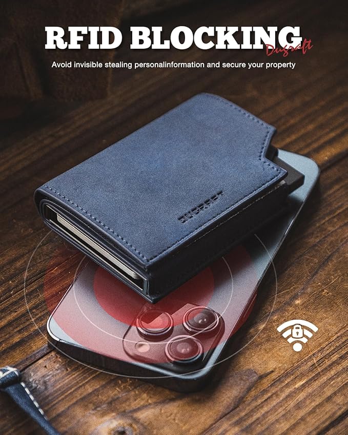 DUGRAFT Bifold Pop Up Wallet for Men, Slim Leather Credit Card Holder with Zipper Minimalist Women Magnetic Cash Coins Pocket Wallets RFID Blocking(Blue)