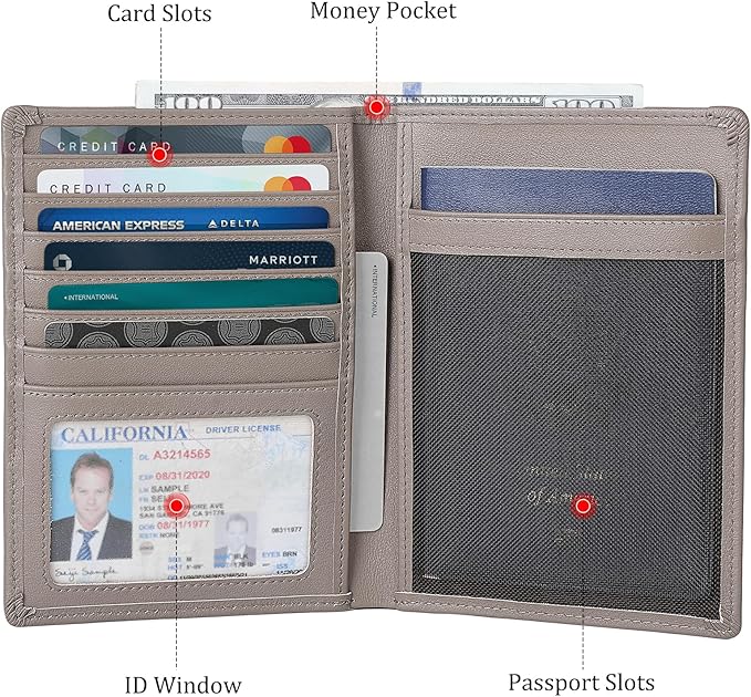 Polare Luxury RFID Blocking Leather Passport Holder Travel Wallet For Men and Women (Grey with AirTag Slot)
