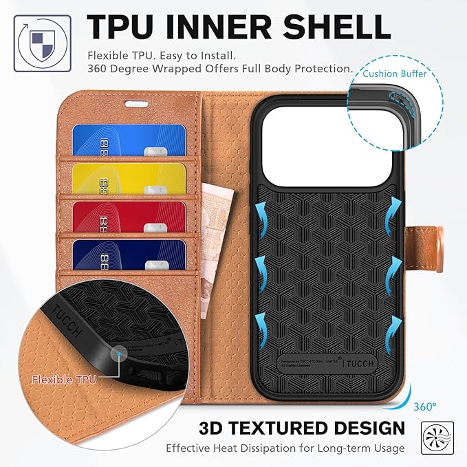 TUCCH Wallet Case for iPhone 17 Pro (6.3") 2025, 4 Card Holders | RFID Blocking | Stand | PU Leather | Magnetic Closure | Protective Flip Folio Cover | Shockproof TPU Shell | Light Brown