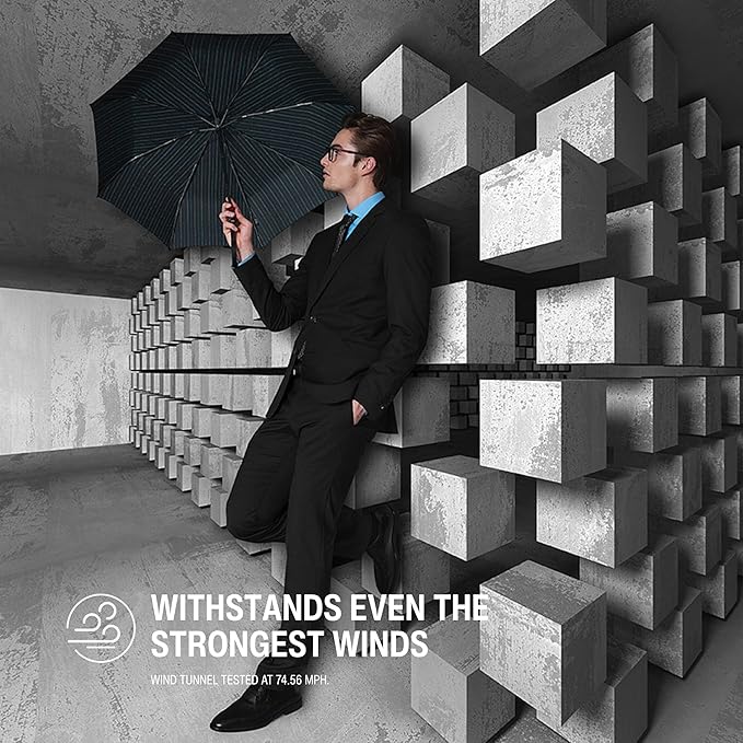 Knirps T.200 Duomatic Compact Rain Umbrella in Men's Stripe– Wind Tunnel Tested to 93 mph, Aluminum Steel Fiberglass Frame, 38in Canopy, OEKO-TEX, High-Performance Automatic Travel Umbrellas