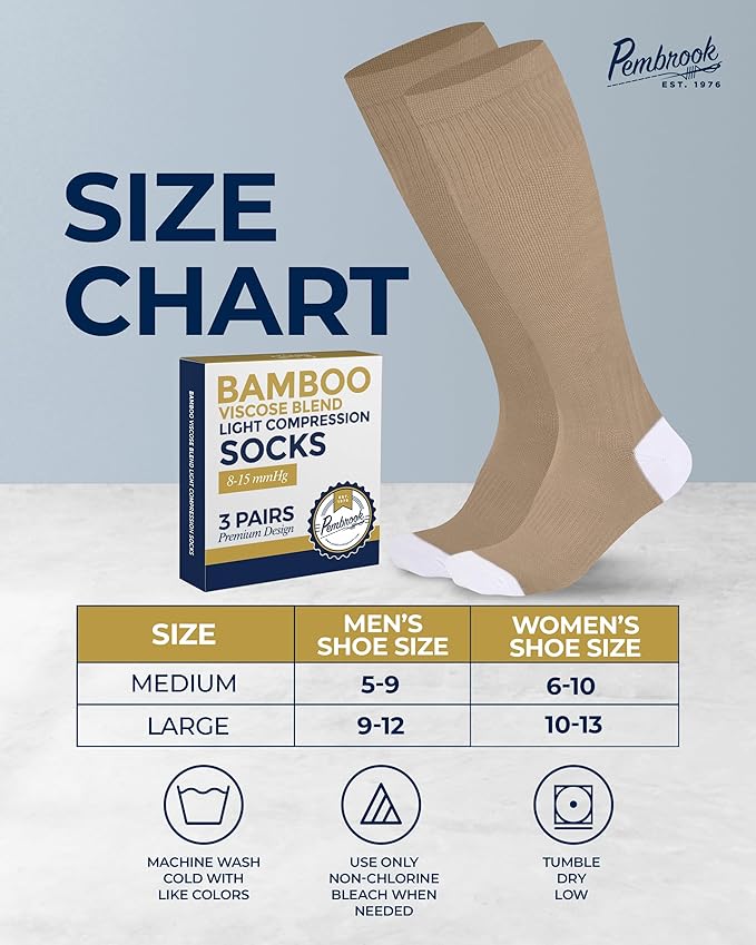 Pembrook Bamboo Viscose Light Compression Socks - 3 Pairs | 8-15 mmhg Compression Socks | Knee High Comfort Support Socks