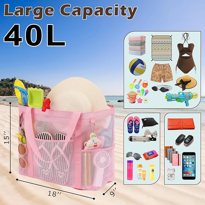 Mesh Beach Bag, Large Beach Tote with Zipper Pocket for Family Pool Bag for Toys & Vacation Essentials