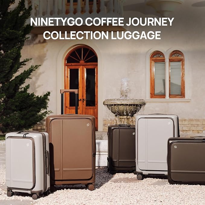 NINETYGO Carry On Luggage 22x14x9 Airline Approved, 20 Inch Suitcase with Front Compartment & Cup Holder, Coffee-Infused PC Hard Shell, Eco-Friendly, TSA Lock, 360° Spinner Wheels (Oats White)