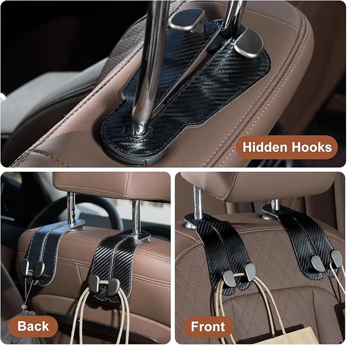 CoBak Headrest Hooks for Car - Universal Premium Stitched Leather and Aluminum-Magnesium Alloy Double Car Seat Back Storage Hook for Purses, Handbags, Bags (2 Pack),Black Carbon Fiber