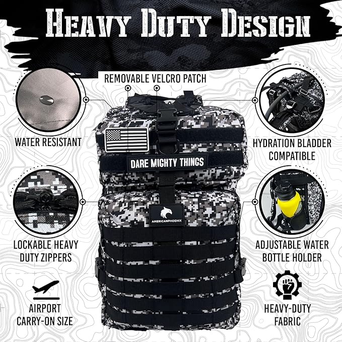 AMERICANPHOENIX 45L Elite Tactical Backpack | 3X Stronger Work & Military Backpack | Water Resistant and Heavy Duty | 3 Day MOLLE Bug Out Bag (Snow Leopard)
