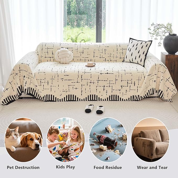 Sherpa Fleece Couch Cover for 3 Cushion Sofa, Beige, 71" x 134" - Pet Proof Sofa Covers Heavy Duty Scratch Resistant Pet Friendly Furniture Cover - Easy Install, Machine Washable