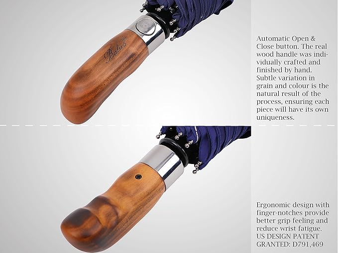 Balios (Designed in UK) Umbrella Handmade Real Wood Handle-Dark Navy with Sophisticated Constellation Interior Pattern-Windproof Fiberglass Auto Open Close Folding-300T Finest Fabric