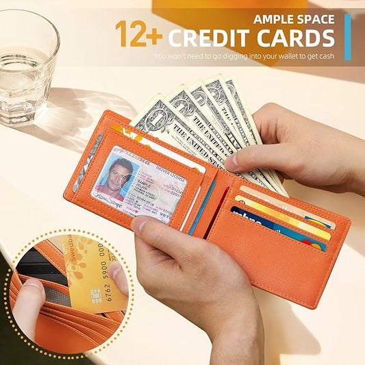 RUNBOX Wallet for Men Slim 11 Credit Card Holder Slots Leather RFID Blocking Small Thin Men's Wallet Bifold Minimalist Front Pocket Large Capacity Gift Box