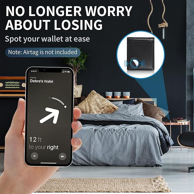Swallowmall AirTag Wallet Mens RFID Blocking Genuine Leather Bifold Men's Wallet For air tag with 2 ID Window 10 Card Holders Removable Card Slot Black(Airtag Not included)