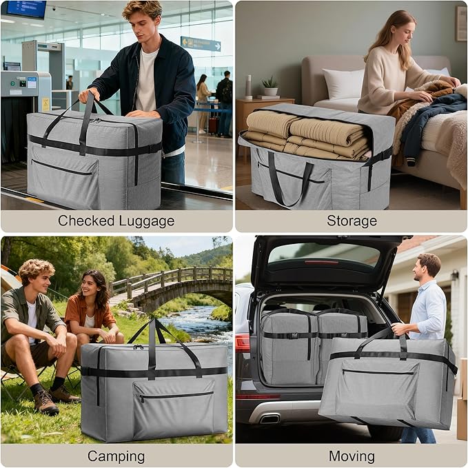 SUNUP Large Duffle Bag for Travel, 120L Foldable Travel Duffel Bag for Men Women, Waterproof Carry On Overnight Weekender Moving Storage Bags, Grey