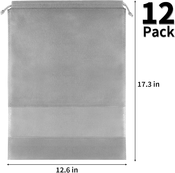 12 Pack Large Shoe Bags for Packing with Clear Window, Dustproof Drawstring Travel Shoe Storage Bags for Men & Women, Gray