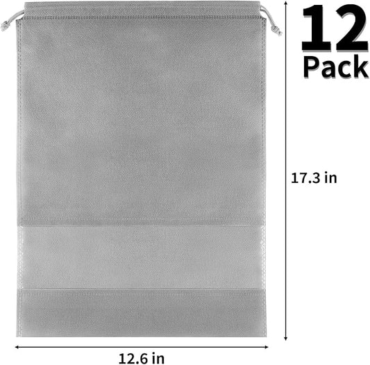 12 Pack Large Shoe Bags for Packing with Clear Window, Dustproof Drawstring Travel Shoe Storage Bags for Men & Women, Gray
