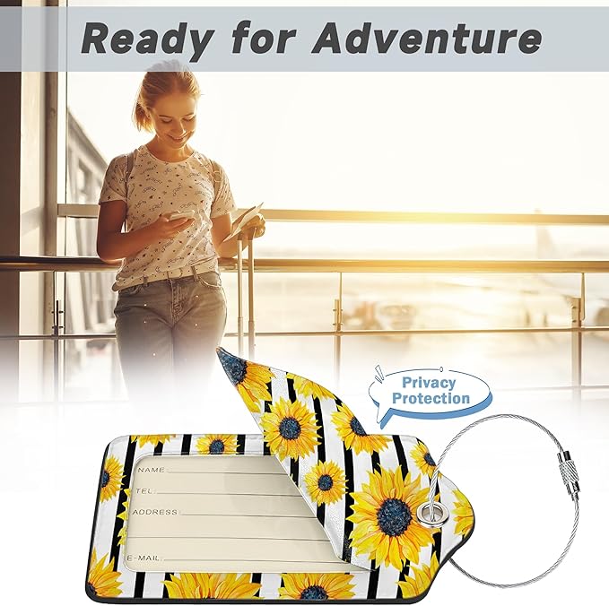 2 Pack Luggage Tag for Suitcase,Sunflowers Striped Leather Suitcase Tags Identifiers with Privacy Name Address Labels and Durable Steel Loop for Women Men Travel