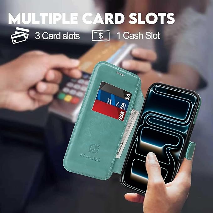 CIVICASE for iPhone 17 Pro Max Wallet Case with Stand,PU Leather Flip Credit Card Holder Slots (RFID Blocking),Compatible with Magsafe Magnetic Holder Phone Cover Women Men,Green